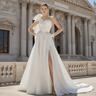 Puff One Shoulder Ruched Satin Bridal Gown Wedding Dress - Rosymae