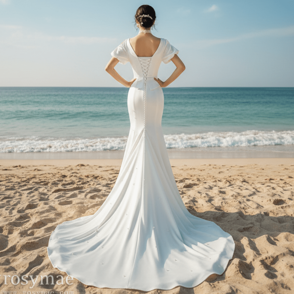 Puff Short Sleeve Fit Flare Satin Queen-anne Wedding Dress Bridal Gown - Rosymae