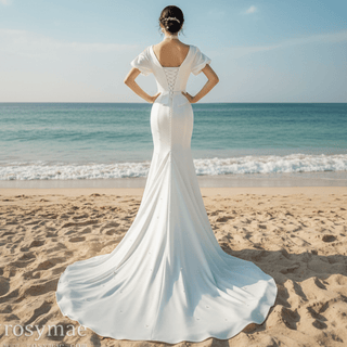 Puff Short Sleeve Fit Flare Satin Queen-anne Wedding Dress Bridal Gown - Rosymae