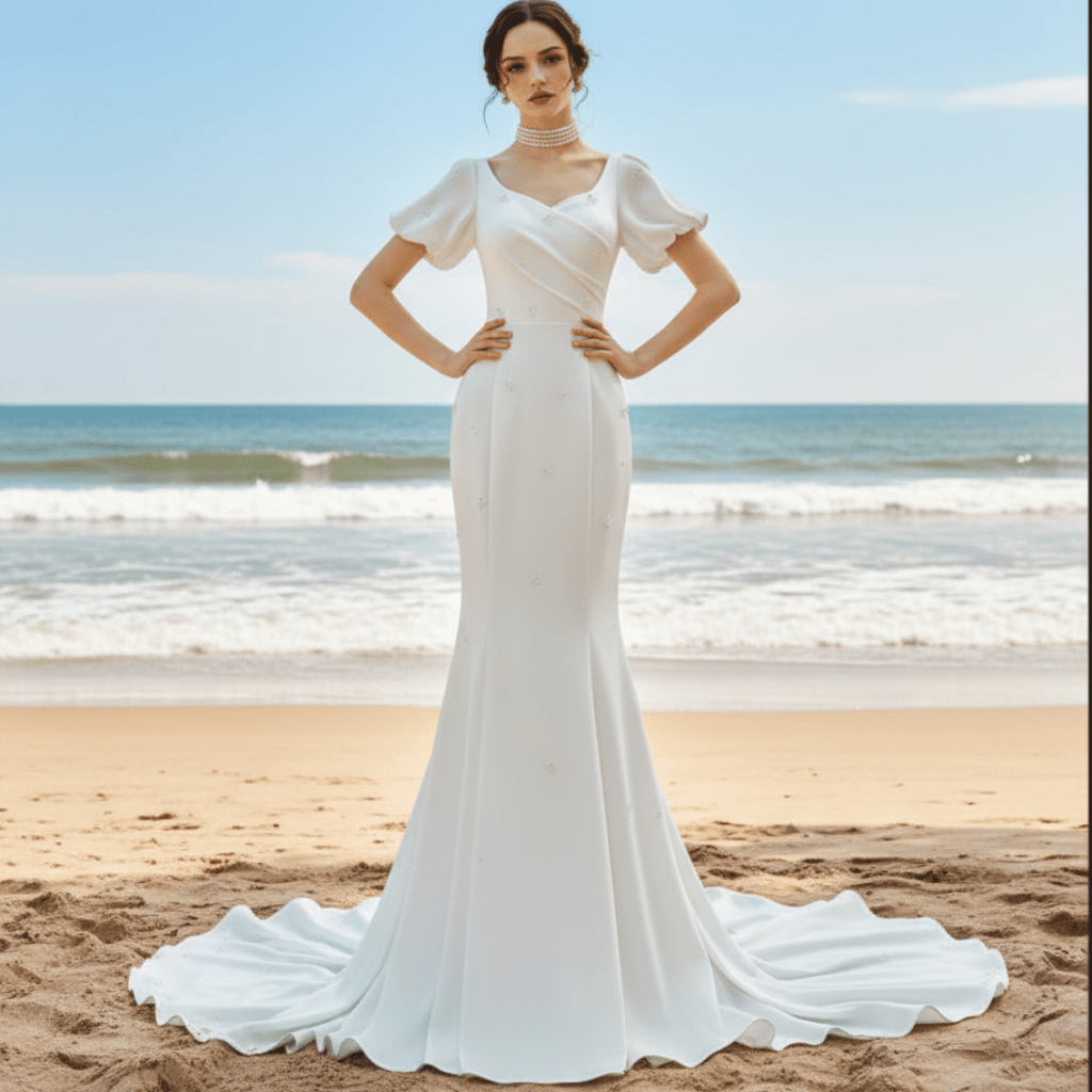 Puff Short Sleeve Fit Flare Satin Queen-anne Wedding Dress Bridal Gown - Rosymae