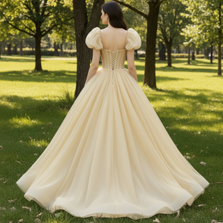 Short Puffy Sleeve Gold Formal Dress Prom Party Gown for Women