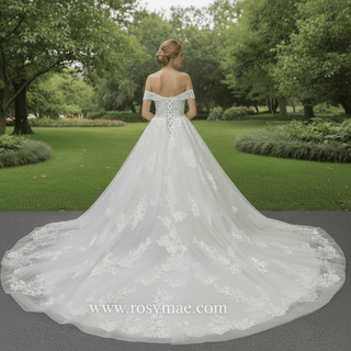 Puff Skirt Ball Gown Off Shoulder Wedding Dress with Long Train - Rosymae