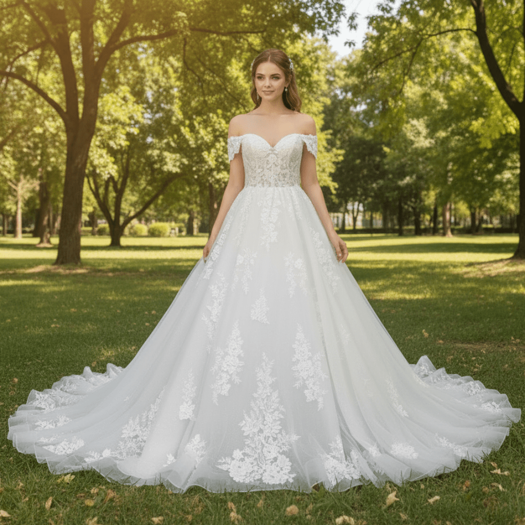 Puff Skirt Ball Gown Off Shoulder Wedding Dress with Long Train - Rosymae
