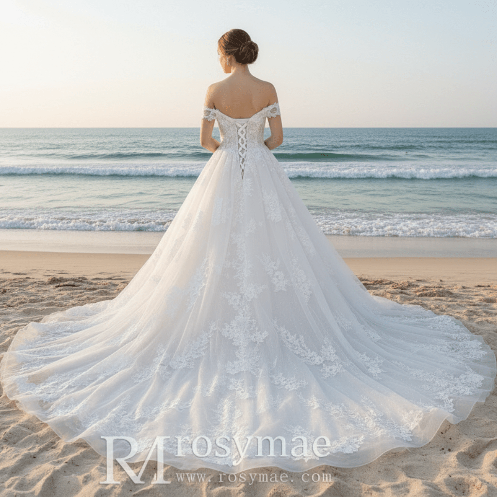 Puff Skirt Ball Gown Off Shoulder Wedding Dress with Long Train - Rosymae
