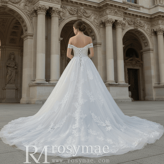 Puff Skirt Ball Gown Off Shoulder Wedding Dress with Long Train - Rosymae