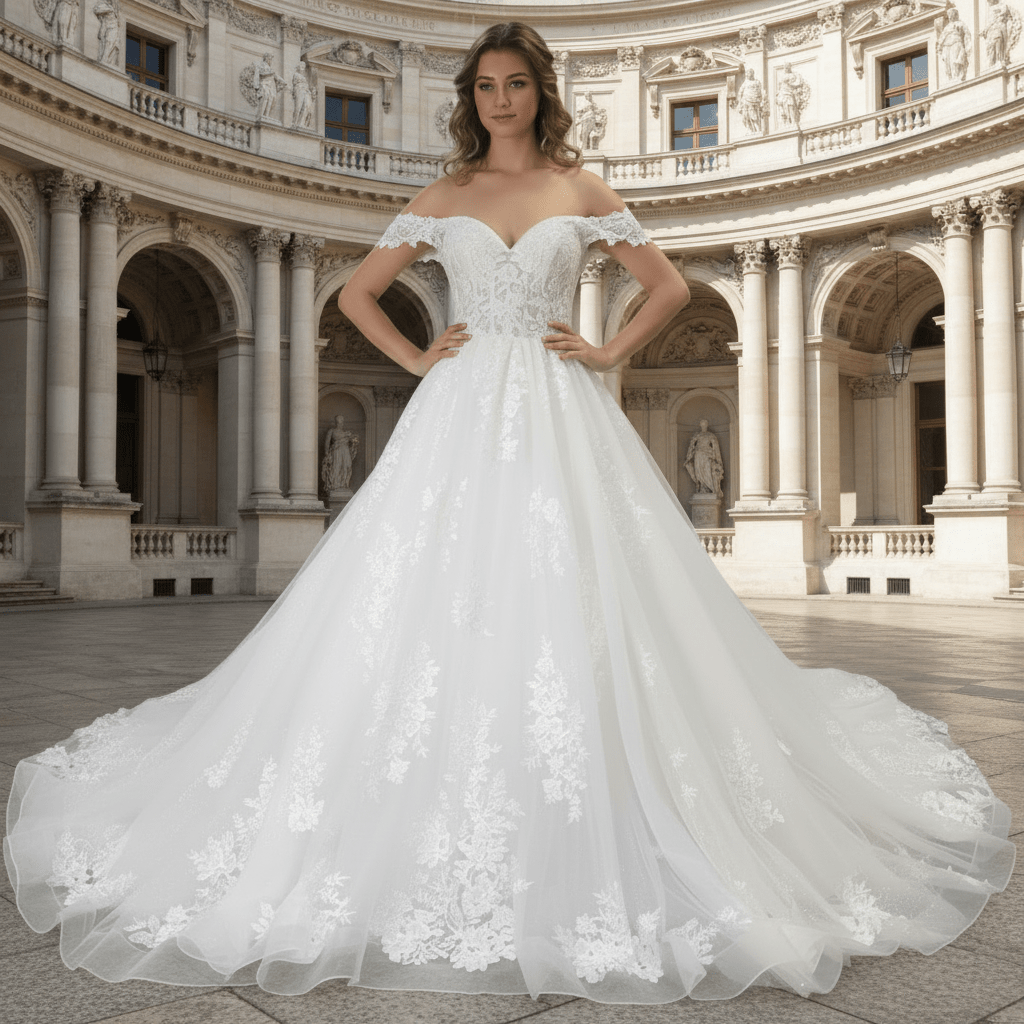 Puff Skirt Ball Gown Off Shoulder Wedding Dress with Long Train - Rosymae