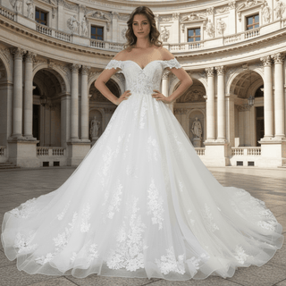 Puff Skirt Ball Gown Off Shoulder Wedding Dress with Long Train - Rosymae