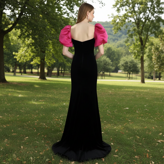 Puff Cap Sleeve Pink and Black Bridesmaid Dress Evening Party Gown