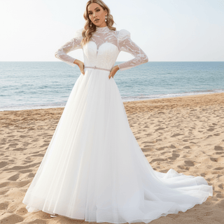 Puff Sleeve Wedding Dresses & Gowns with High Sheer Neck and Back Ivory / 20W
