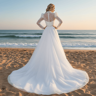 Puff Sleeve Wedding Dresses & Gowns with High Sheer Neck and Back - Rosymae