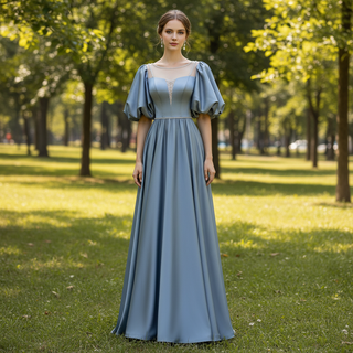 Vestido formal azul bebé con manga hinchada, vestido de fiesta de graduación con perlas