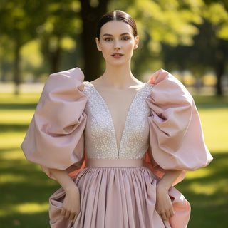 Puffy Half Sleeve Pink Satin Formal Gown Party Dress with Deep Vneck - Rosymae