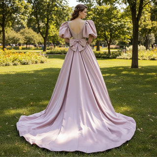 Puffy Half Sleeve Pink Satin Formal Gown Party Dress with Deep Vneck - Rosymae
