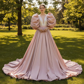 Puffy Half Sleeve Pink Satin Formal Gown Party Dress with Deep Vneck - Rosymae
