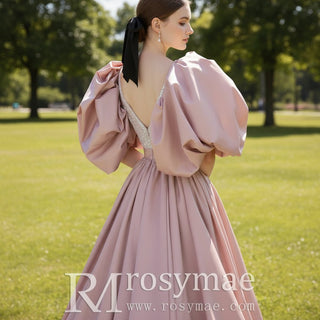 Puffy Half Sleeve Pink Satin Formal Gown Party Dress with Deep Vneck - Rosymae