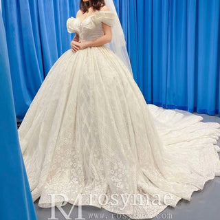 Puffy Lace Wedding Dress Vintage Off the Shoulder Bridal Gown - Rosymae