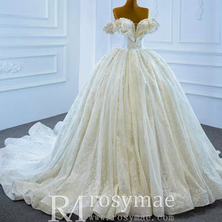 Puffy Lace Wedding Dress Vintage Off the Shoulder Bridal Gown - Rosymae
