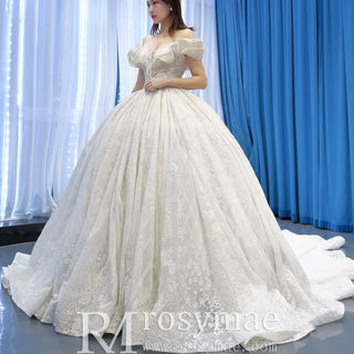 Puffy Lace Wedding Dress Vintage Off the Shoulder Bridal Gown - Rosymae