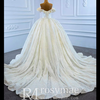 Puffy Lace Wedding Dress Vintage Off the Shoulder Bridal Gown - Rosymae
