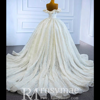 Puffy Lace Wedding Dress Vintage Off the Shoulder Bridal Gown - Rosymae