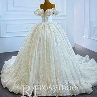 Puffy Lace Wedding Dress Vintage Off the Shoulder Bridal Gown - Rosymae