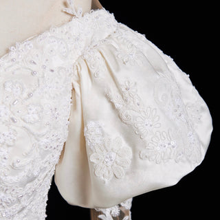 Floral Embroidered Frilled Off Shoulder Lantern Sleeve Wedding Dress