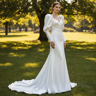 Long Lantern Sleeve Wedding Dresses & Bridal Gowns with V Neck