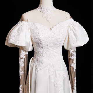 Floral Embroidered Frilled Off Shoulder Lantern Sleeve Wedding Dress