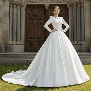 Puffy Long Sleeve A-line Bridal Wedding Dress with Deep V-neck - Rosymae