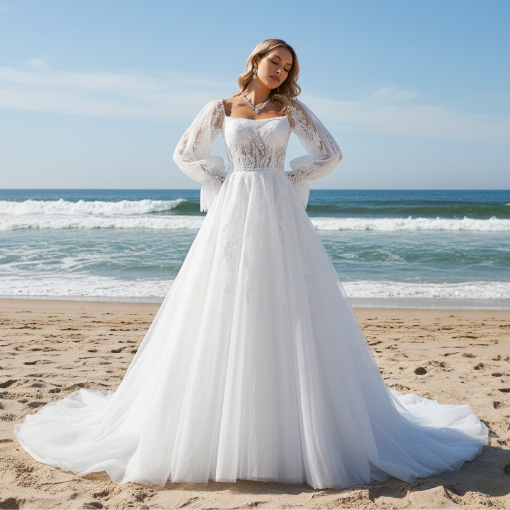 Off The Shoulder Puffy Long Sleeve Wedding Dress Bridal Gown Ivory / 30W Off The Shoulder Puffy Long Sleeve Wedding Dress Bridal Gown Ivory / 30W