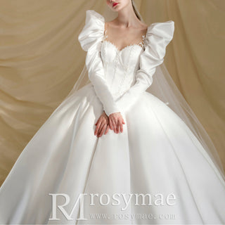 Square-neck Ballgown Satin Wedding Dress with Puffy Long Sleeve