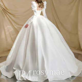 Square-neck Ballgown Satin Wedding Dress with Puffy Long Sleeve
