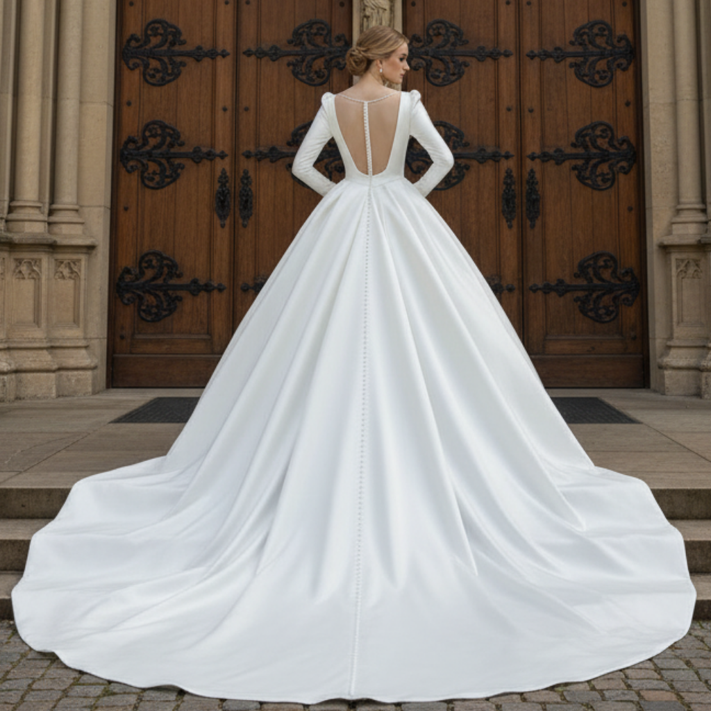Puffy Long Sleeve A-line Bridal Wedding Dress with Deep V-neck Rosymae Puffy Long Sleeve A-line Bridal Wedding Dress with Deep V-neck Rosymae
