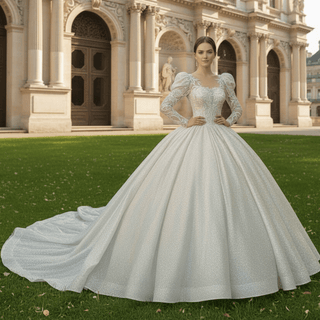 Puffy Long Sleeves Wedding Dresses Sheer Back Bridal Gowns - Rosymae