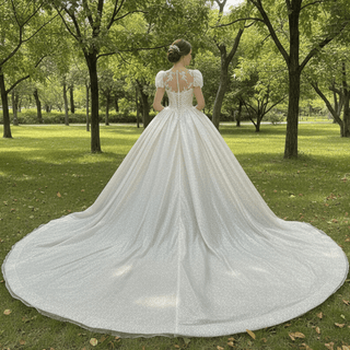 Puffy Long Sleeves Wedding Dresses Sheer Back Bridal Gowns - Rosymae