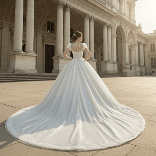 Puffy Long Sleeves Wedding Dresses Sheer Back Bridal Gowns - Rosymae