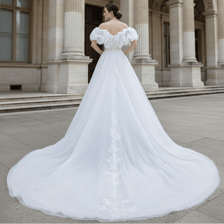 Puffy Off Shoulder A-line Wedding Dress with Leg Slit - Rosymae