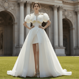Puffy Off Shoulder A-line Wedding Dress with Leg Slit - Rosymae