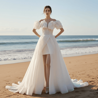 Puffy Off Shoulder A-line Wedding Dress with Leg Slit - Rosymae