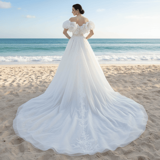Puffy Off Shoulder A-line Wedding Dress with Leg Slit - Rosymae
