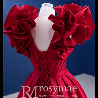 Puffy Ruffle Sleeve A-line Prom Dress Vneck Formal Gown Leg Slit - Rosymae