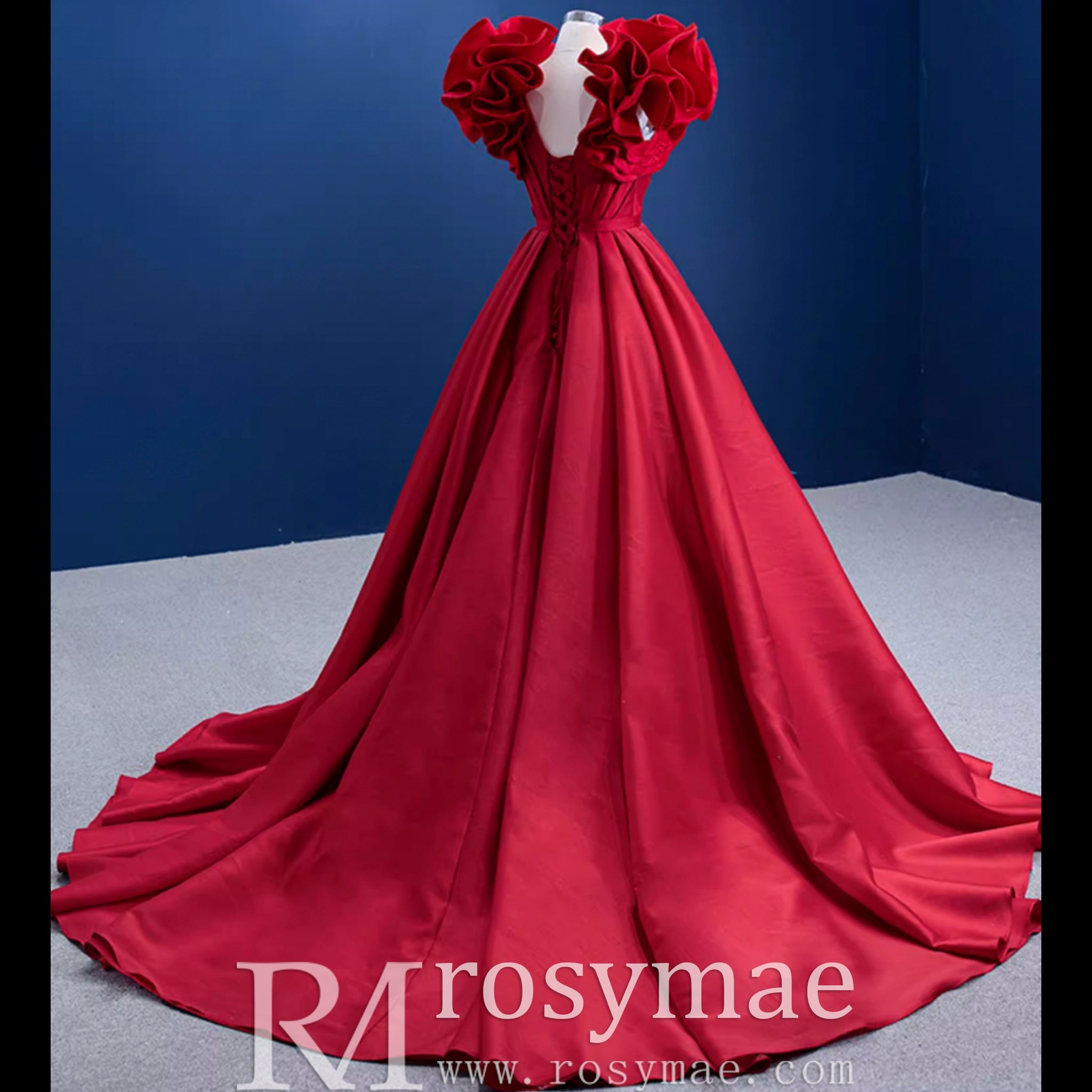Puffy Ruffle Sleeve A-line Prom Dress Vneck Formal Gown Leg Slit - Rosymae
