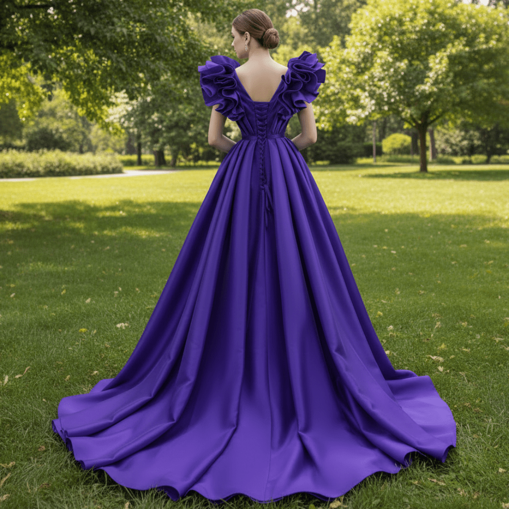 Puffy Ruffle Sleeve A-line Prom Dress Vneck Formal Gown Leg Slit - Rosymae
