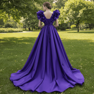 Puffy Ruffle Sleeve A-line Prom Dress Vneck Formal Gown Leg Slit - Rosymae