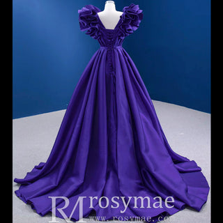 Puffy Ruffle Sleeve A-line Prom Dress Vneck Formal Gown Leg Slit - Rosymae