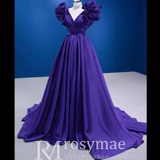 Puffy Ruffle Sleeve A-line Prom Dress Vneck Formal Gown Leg Slit - Rosymae