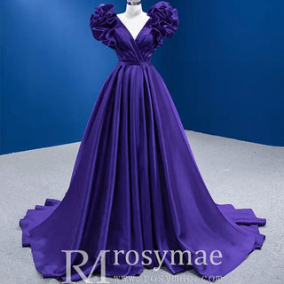 Puffy Ruffle Sleeve A-line Prom Dress Vneck Formal Gown Leg Slit - Rosymae
