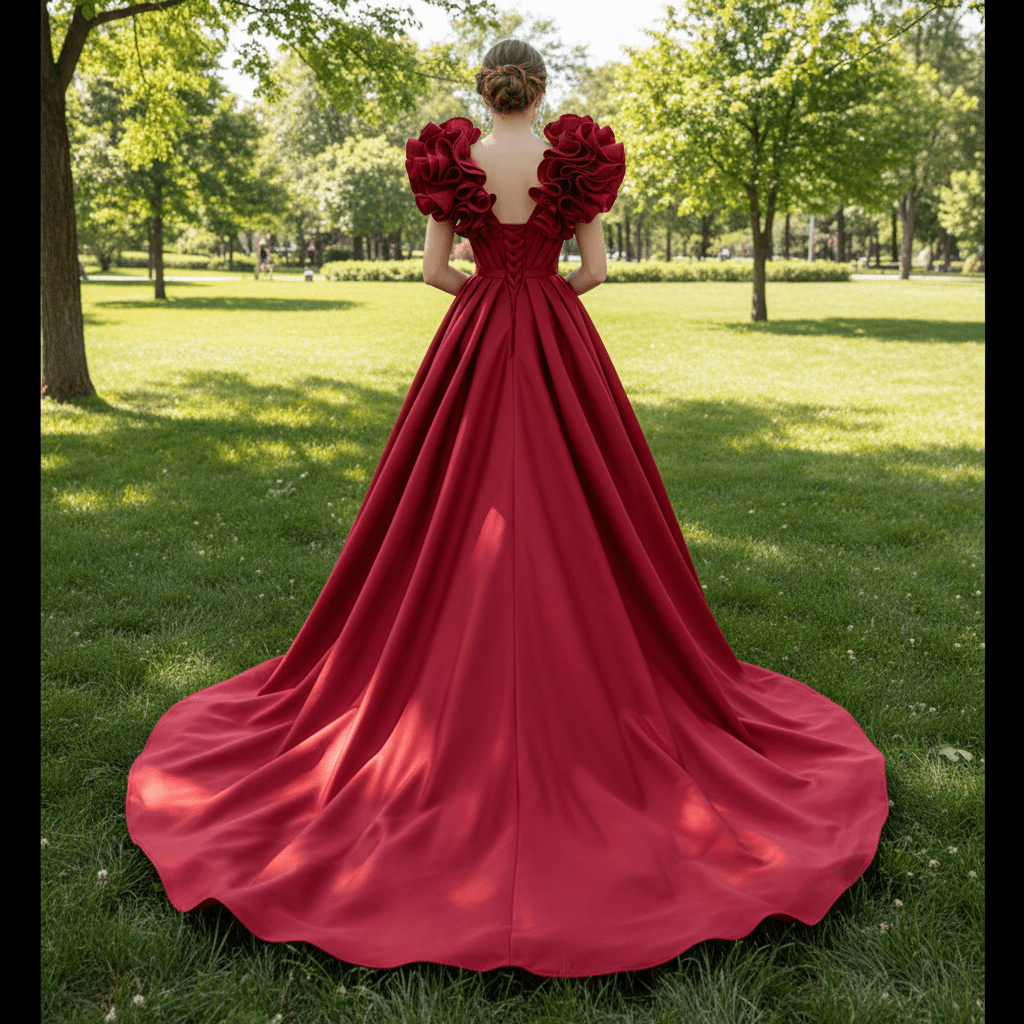 Puffy Ruffle Sleeve A-line Prom Dress Vneck Formal Gown Leg Slit - Rosymae