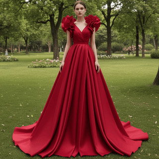 Puffy Ruffle Sleeve A-line Prom Dress Vneck Formal Gown Leg Slit - Rosymae