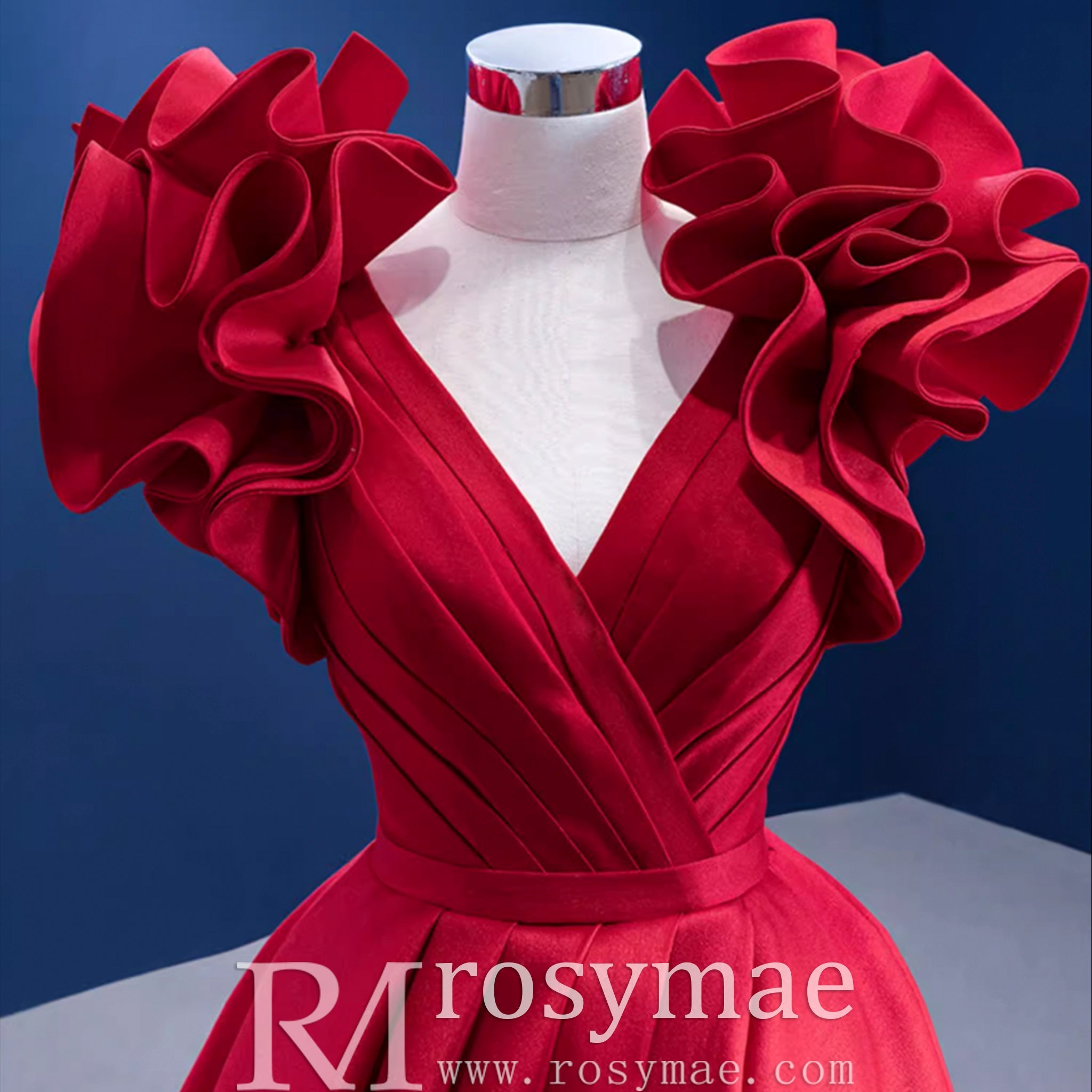 Puffy Ruffle Sleeve A-line Prom Dress Vneck Formal Gown Leg Slit - Rosymae